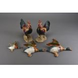 Two Beswick Leghorn Cockerels, plus a graduated set of Beswick wall ducks 24 cm H and smaller (5)