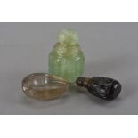 A large green jadeite scent bottle 6 cm H, with incise carved leaf decoration, together with a