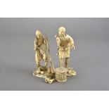 Two Meiji period Japanese ivory okimonos, modelled as an elder sweeping holding a fan and another of