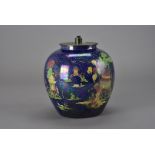 A Carltonware blue pagoda lustre obovoid lamp base, decorated with oriental figural landscapes