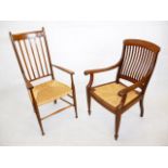 An Edwardian walnut rush seat armchair, together with a beech shaker style chair 114 cm H and