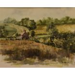 Frank Vincent (20th century), watercolour landscape 'Harvest Time Near Hampstead Norreys', signed