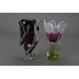 Three Murano glass vases, two with splayed rims, the other spiral body and amethyst sommerso