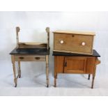 A pine blanket box, with ceramic handles, together with two marble topped wash stands (3)