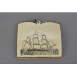 A 19th century scrimshawed whale bone panel, of a three mast sailing ship on full sail on the