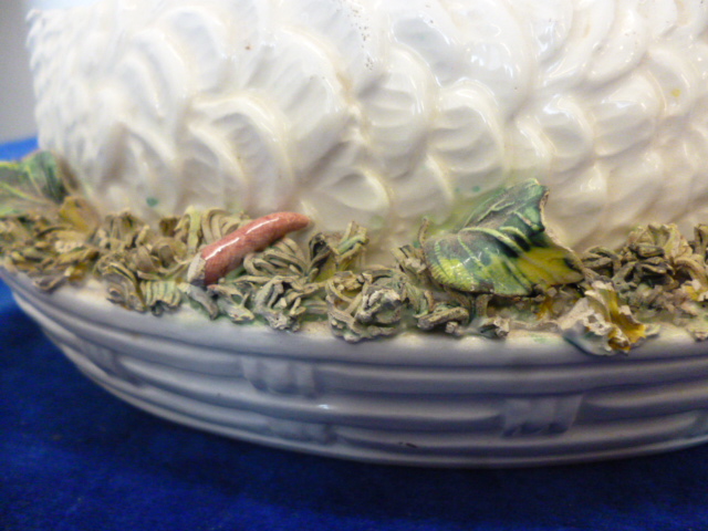 A pair of Palissy style majolica vegetable tureens, modelled as recumbent Arctic partridge on a - Image 2 of 9