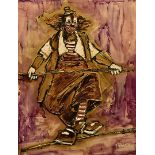 A. Florian (20th century), three textured acrylics on cardboard, one of a tightrope walking clown in
