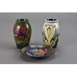 Three pieces of Moorcroft Pottery items, including an Anemone vase 11 cm H, a Crocus pattern vase 11