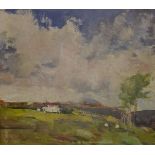 Ken Moroney (b. 1949), oil on board pastoral landscape with farm buildings, signed lower left 32
