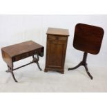 A 19th Century mahogany and ebony strung tripod table, a walnut pot cabinet and a reproduction