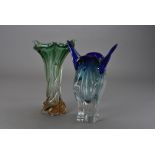 Five Murano glass items, including a green and brown spiral example, 32 cm high, a blue splayed