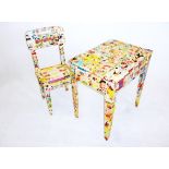 A child's beech desk and chair, in Beano comic decoupage finish 56 cm x 41 cm x 61.5 cm H