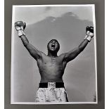 Boxing photographs of Muhammad Ali, by Don Morley, the three pictures, two in black and white, one