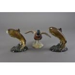 Two Beswick leaping trout fish groups, model number 1032, plus a Beswick pheasant model number 850