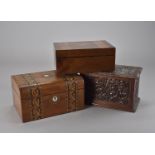 A collection of boxes, including an inlaid sewing box with contents of cotton reels, a similar