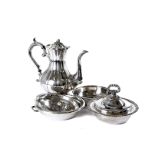 A vintage four piece silver plated tea set by Viners, together with a Sheffield plate muffin dish