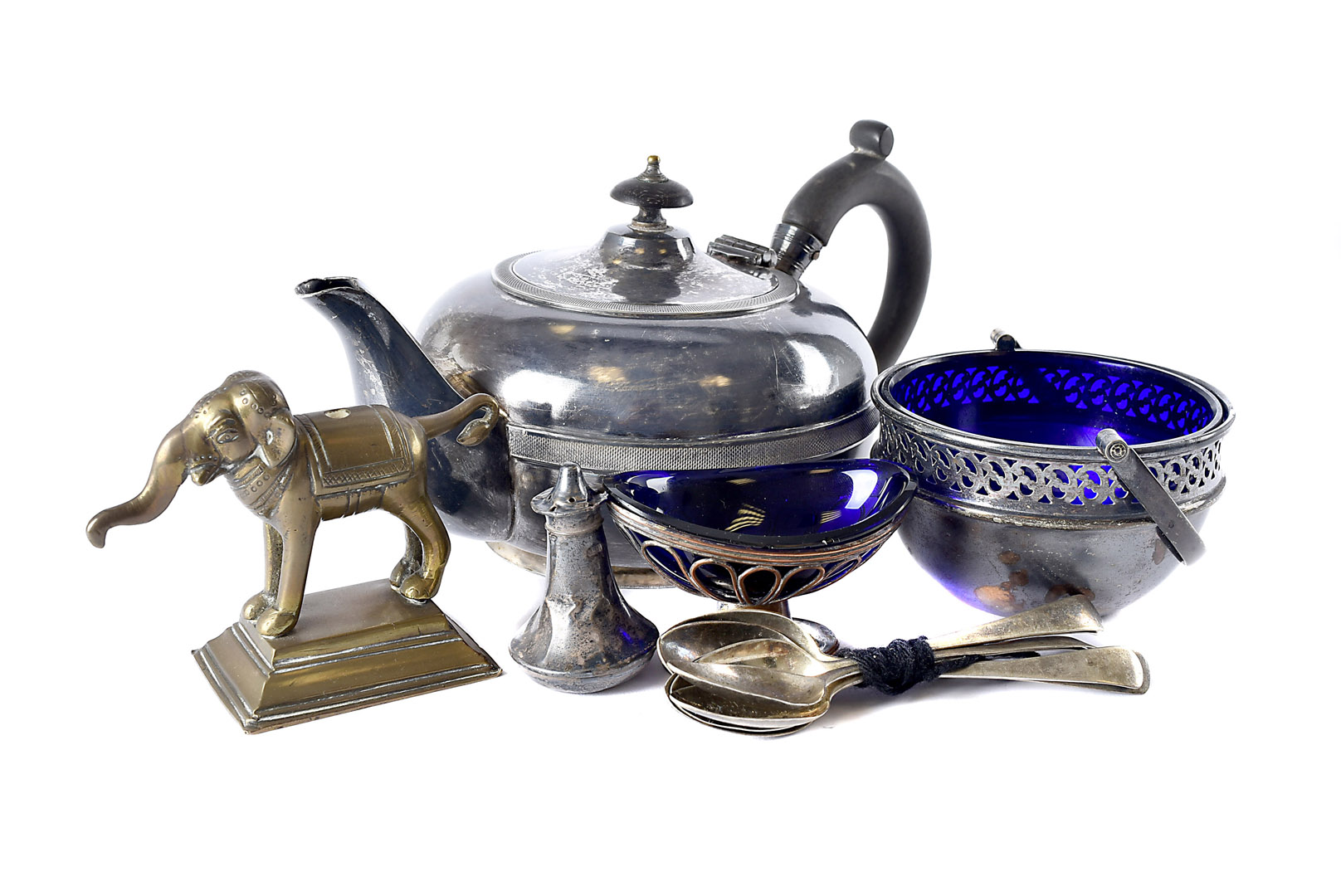 A set of six George III silver teaspoons, together with a silver teapot, flatware and more (parcel)