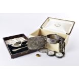 A collection of silver and other items, including a silver cigarette case, an aesthetic silver
