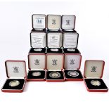 A collection of thirteen modern Royal Mint piedfort silver proof coins, all in boxes with