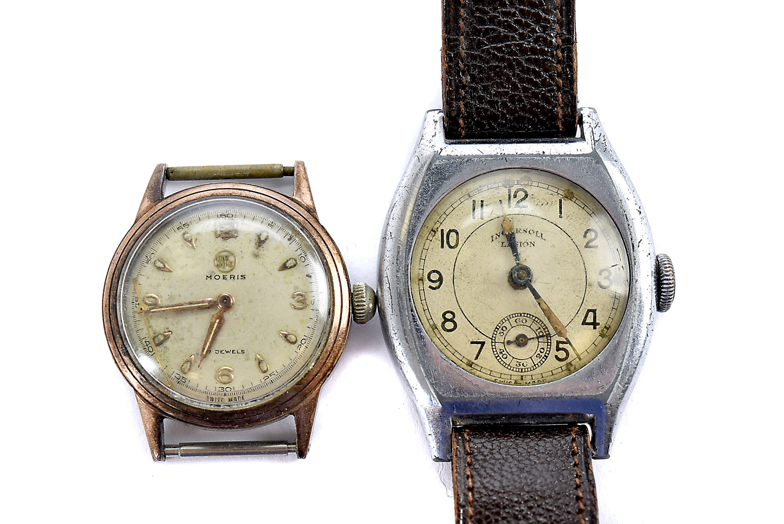 A 1940s Moeris mid sized or boys wristwatch, gold plated front on stainless steel, appears to run,