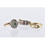 Three gold and gem set rings, all AF, one 9ct gold cluster, another 9ct with opals and amethysts,