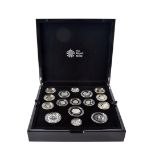 A modern Royal Mint 2016 UK silver proof coin set, the seventeen uncirculated coins in capsules