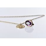 A 9ct gold St Christopher pendant on chain, 9.3g, together with a pinchbeck and purple paste fob