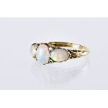 A Victorian three stone opal ring, set with rose cut diamonds and in gold mount, not marked, 4.2g