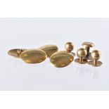 A pair of Victorian 18ct gold cufflinks and four dress studs, plain oval panels on chains,