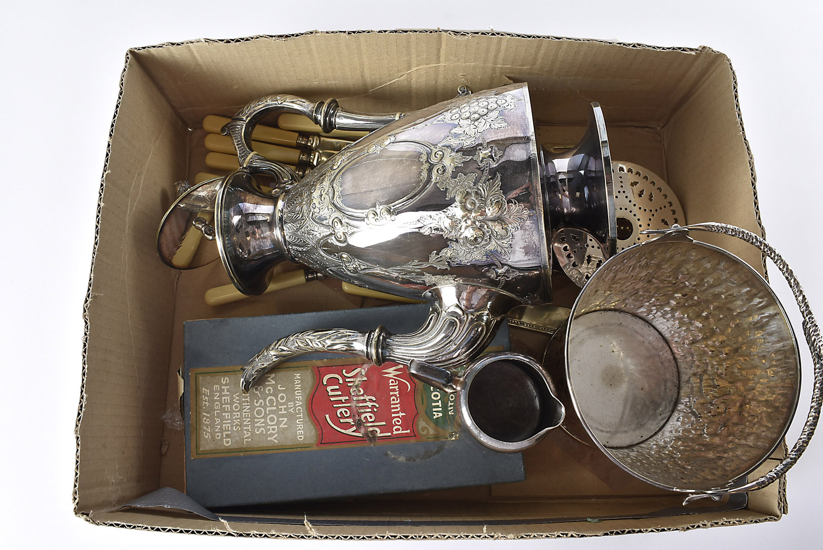 An Edwardian silver plated ice bucket by Hukin & Heath, together with a collection of silver - Image 2 of 2