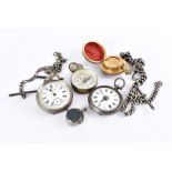 Two late Victorian silver ladies open faced pocket watches, together with two silver watch chains, a