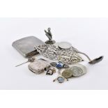 A collection of Silver and other items, including a nurses belt buckle, a cigarette and a vesta