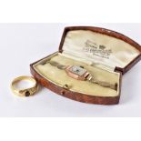 An Art Deco period 9ct gold cased ladies wristwatch, on gold plated bracelet, in box, together