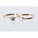 Two 18ct gold and diamond solitaire rings, each with a brilliant cut, 3.7g, sizes L and N (2)