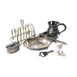 A collection of Victorian and later silver and silver plate, including some silver spoons, pair of