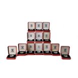 A collection of thirteen Royal Mint silver proof piedfort one pound coins, all boxed with