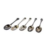 A group of five George I and George II silver spoons, each with rat tail, four Old English