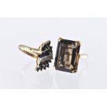 Two 1970s 9ct gold dress rings, one with a large smoky quartz, the other with sapphire and diamond