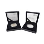 A pair of Royal Mint silver proof commemorative five pound coins, celebrating the Queen's Sapphire