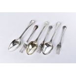 A harlequin set of six George III and later silver dinner forks and dessert forks and tablespoons,