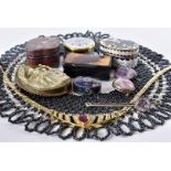 A small group of jewellery and other items, including an amethyst brooch, a resin cameo brooch, a