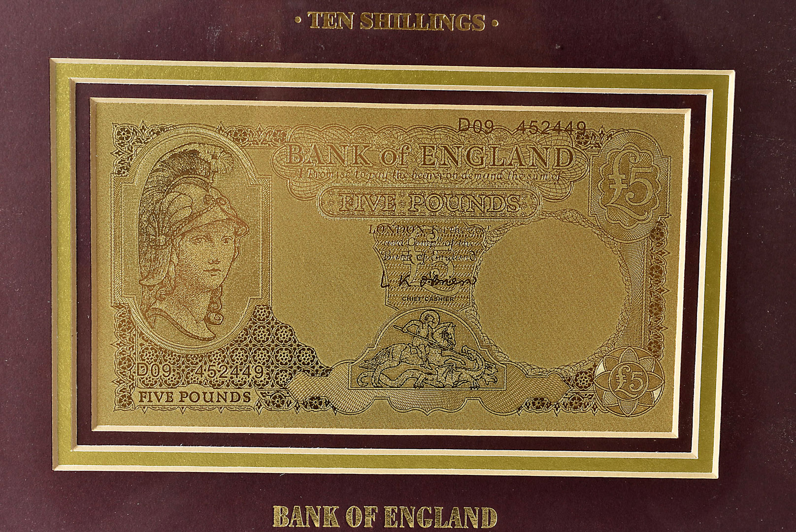 A Royal Mint Bank of England Ten Shillings and Five Pound gold bank note set in frame, with - Image 3 of 3