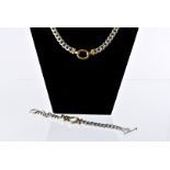 A modern heavy silver necklace by Quinn, flattened link chain with gilt oval and supports to