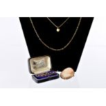 Four items of 9ct gold jewellery, including a single pearl pendant on box link chain, a chain
