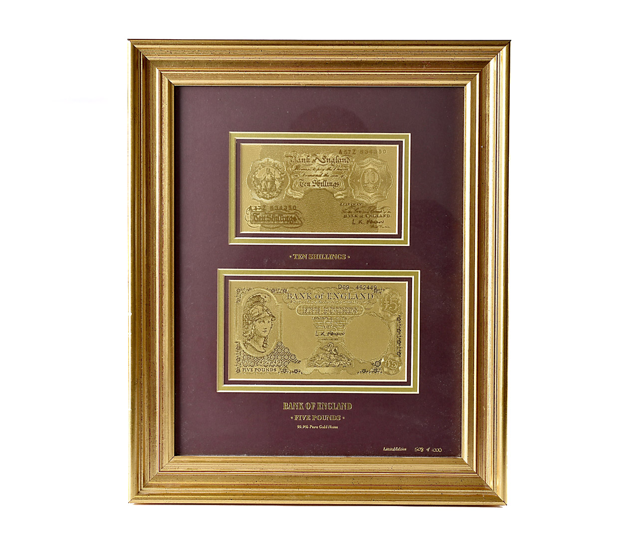 A Royal Mint Bank of England Ten Shillings and Five Pound gold bank note set in frame, with