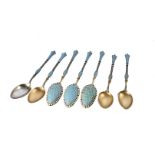 A set of six vintage Scandinavian silver gilt and enamelled teaspoons