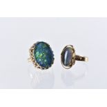 Two yellow metal and opal dress rings, both with Australian opals, the larger example with retro