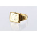 A vintage Chinese gold signet ring, heavy with square tablet with initial M, marks to inner,