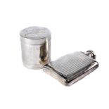 A 1950s sterling marked hipflask and tea canister, the flask with engine turned bands, and the