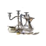 A collection of Victorian and later silver plated items, including a four piece tea set, candelabra,